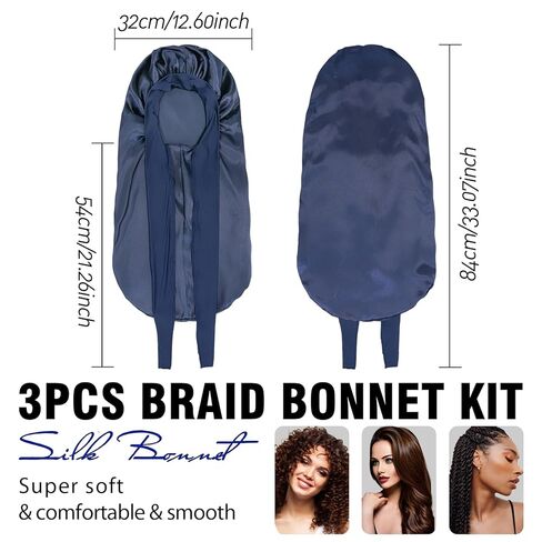 3PCs Bonnets for Black Women - Braid Bonnet, Satin Silk Sleep Bonnet with Stretchy Tie Band for Long Curly Hair (Blue, Rose Pink, Purple) in Kuwait