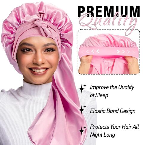 3PCs Bonnets for Black Women - Braid Bonnet, Satin Silk Sleep Bonnet with Stretchy Tie Band for Long Curly Hair (Blue, Rose Pink, Purple) in Kuwait
