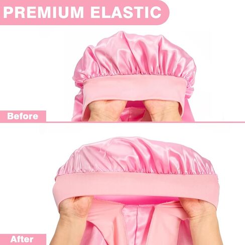3PCs Bonnets for Black Women - Braid Bonnet, Satin Silk Sleep Bonnet with Stretchy Tie Band for Long Curly Hair (Blue, Rose Pink, Purple) in Kuwait