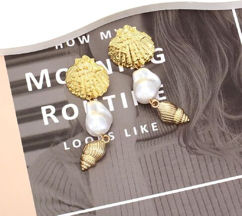 Seashell Conch Dangle Earrings, Beach Shell Tassel Earrings for Women, Bohemian Pearl Seashell Long Earring, Sea Snail Earring Summer Boho Jewelry, Ocean Shell Conch earrings for Ladies in Kuwait