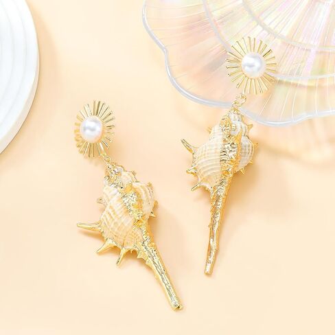 Seashell Conch Dangle Earrings, Beach Shell Tassel Earrings for Women, Bohemian Pearl Seashell Long Earring, Sea Snail Earring Summer Boho Jewelry, Ocean Shell Conch earrings for Ladies in Kuwait