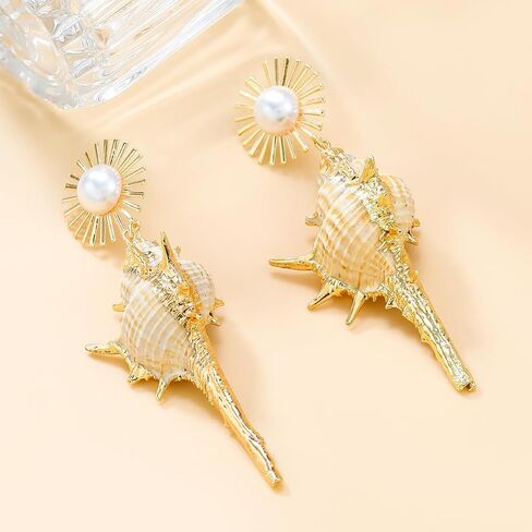 Seashell Conch Dangle Earrings, Beach Shell Tassel Earrings for Women, Bohemian Pearl Seashell Long Earring, Sea Snail Earring Summer Boho Jewelry, Ocean Shell Conch earrings for Ladies in Kuwait