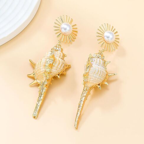 Seashell Conch Dangle Earrings, Beach Shell Tassel Earrings for Women, Bohemian Pearl Seashell Long Earring, Sea Snail Earring Summer Boho Jewelry, Ocean Shell Conch earrings for Ladies in Kuwait