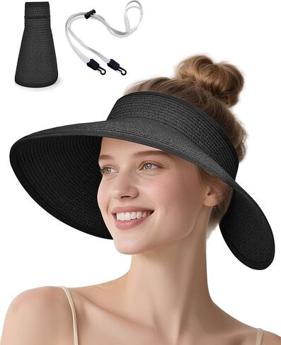 Sun Visor Hat for Women, Wide Brim Straw Visors Beach Hat Roll Up Foldable Beach Visors Summer UV Protection in Kuwait
