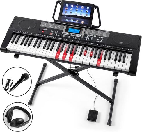 61 Key Piano Keyboard, Electric Keyboard Piano with Light-Up Keys, 255 Tones/Rhythms, Smart Learning System, Headphone, Microphone, Keyboard Stand, Stool, Stickers, Piano Keyboard Set for Beginners in Kuwait