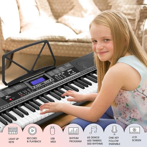 61 Key Piano Keyboard, Electric Keyboard Piano with Light-Up Keys, 255 Tones/Rhythms, Smart Learning System, Headphone, Microphone, Keyboard Stand, Stool, Stickers, Piano Keyboard Set for Beginners in Kuwait