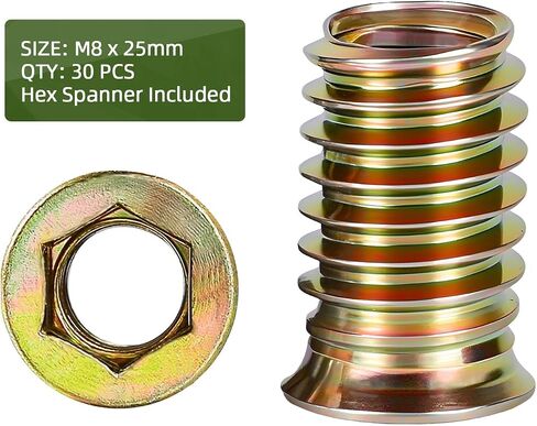 30 PCS M8-1.25 x 25mm Threaded Inserts for Wood Professional Threaded Insert Nuts for Furniture & Wooden Products, Hex Spanner Included in Saudi Arabia