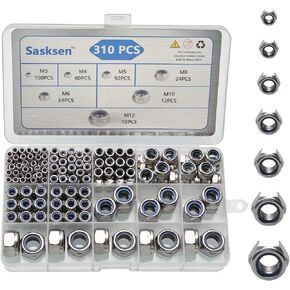 Nylon Insert Locknuts Assortment Kit (310 pcs),M3 M4 M5 M6 M8 M10 M12 Metric 304 Stainless Steel Lock Nuts,Standard Thread and Anti-Vibration Design for Machinery/Automotive/Marine/Electronics in Saudi Arabia