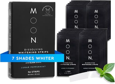 MOON Dissolving Teeth Whitening Strips - Vegan, Easy-to-Use, No Rinse White Strips - Hydrogen Peroxide and Essential Oils Infused Gentle Teeth Whitening Kit - Travel Essentials for Oral Care (56 Ct) in Kuwait