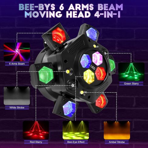Moving Head DJ Lights-150W LED Stage Light 6 Arms Beam 4-in-1 RGBW,Red Green Starlight and White Amber Flashing Lights, Bee Eye Effect,DMX Controlled&Remote for DJ Stage/Parties/Disco/Dlubs/Weddings in Saudi Arabia