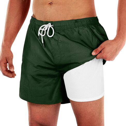 BRISIRA Mens Swim Trunks Neon 5" Bathing Suit Compression Liner Nylon Swim Shorts Beach Swimsuit Swimwear Quick Dry Pockets in Saudi Arabia
