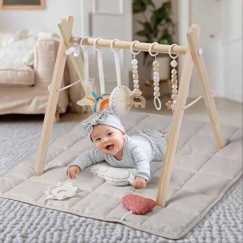 Wooden Baby Gym with 6 Gym Toys, Foldable Baby Play Gym, Natural Pine Wood Play Gym, Frame Activity Center Hanging Bar, Wooden Play Gym in Kuwait
