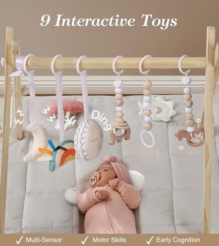 Wooden Baby Gym with 6 Gym Toys, Foldable Baby Play Gym, Natural Pine Wood Play Gym, Frame Activity Center Hanging Bar, Wooden Play Gym in Kuwait