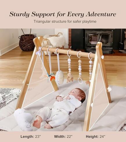 Wooden Baby Gym with 6 Gym Toys, Foldable Baby Play Gym, Natural Pine Wood Play Gym, Frame Activity Center Hanging Bar, Wooden Play Gym in Kuwait