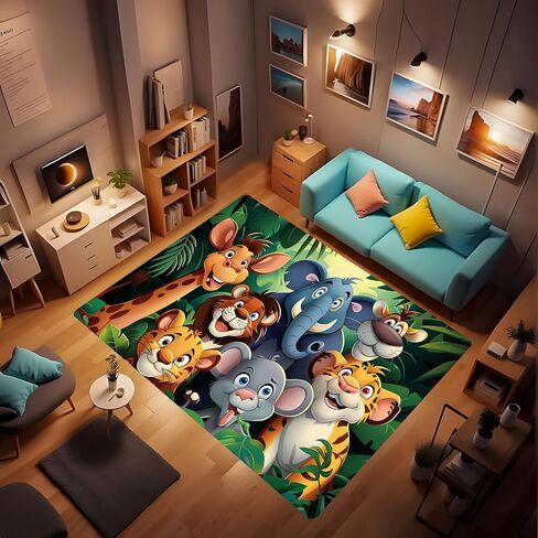 Cartoon Animal Kingdom Printed Carpet, Animal Learning Play mat, Elephant, Lion, Leopard, Giraffe and Other Durable Washable Animals Cute Cartoon Floor Rug Suitable for Teaching 40x60inch in Saudi Arabia