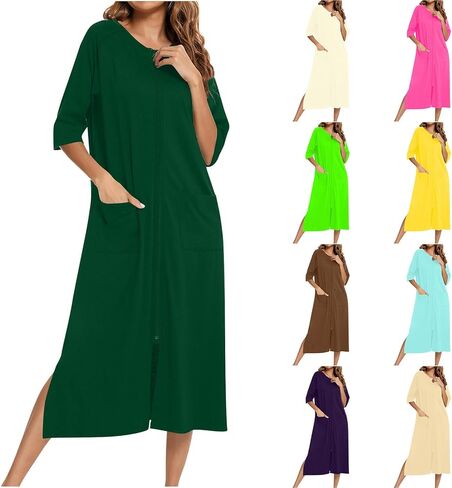 Lightweight Long Housecoats for Women 3/4 Sleeve Front Zipper Bathrobes Loose Lounge Loungewear Nightgown with Pocket in Kuwait