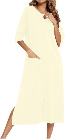 Lightweight Long Housecoats for Women 3/4 Sleeve Front Zipper Bathrobes Loose Lounge Loungewear Nightgown with Pocket in Kuwait
