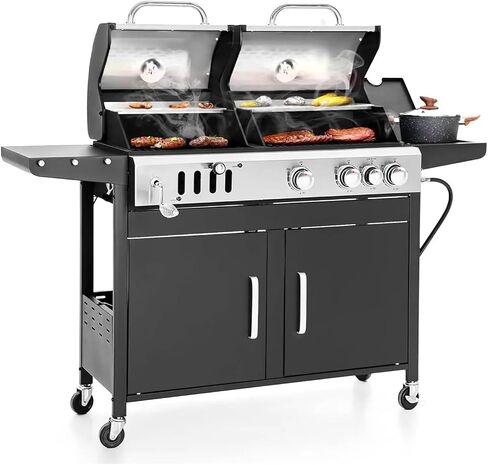 4-Burner Fit For GAS BBQ Grill With Side Burner & Porcelain-Enameled Cast Iron Grates, Cabinet Barbecue Grill,Black(Gas and Charcoal) in Saudi Arabia