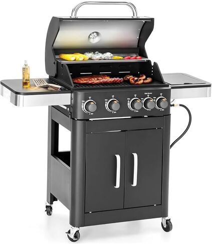 4-Burner Fit For GAS BBQ Grill With Side Burner & Porcelain-Enameled Cast Iron Grates, Cabinet Barbecue Grill,Black(Gas and Charcoal) in Saudi Arabia