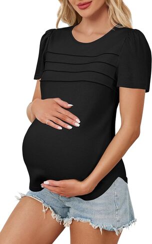 OUGES Womens 2025 قمصان الأمومة مطاطية على الأكمام قصيرة طاقم الرقبة تونك الصيف ملابس الحمل غير الرسمية in Saudi Arabia