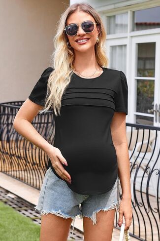 OUGES Womens 2025 قمصان الأمومة مطاطية على الأكمام قصيرة طاقم الرقبة تونك الصيف ملابس الحمل غير الرسمية in Saudi Arabia