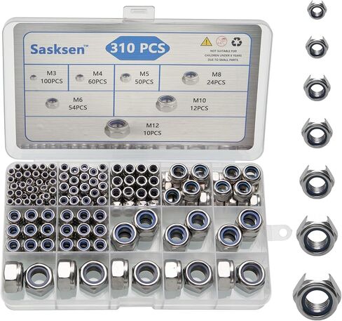 طقم تشويش إدراج Nylon Insert (310 PCS) ، M3 M4 M5 M6 M8 M10 M12 METRIC 304 NUTS FESTER BOSS ، خيط قياسي وتصميم مضاد للهواء للآلات/السيارات/البحرية/الإلكترونيات/إلكترونيات in Saudi Arabia