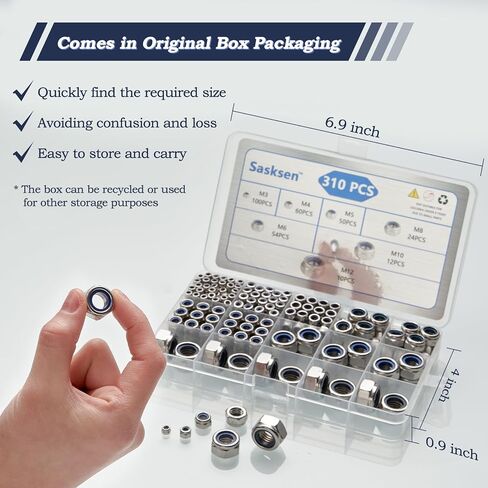 طقم تشويش إدراج Nylon Insert (310 PCS) ، M3 M4 M5 M6 M8 M10 M12 METRIC 304 NUTS FESTER BOSS ، خيط قياسي وتصميم مضاد للهواء للآلات/السيارات/البحرية/الإلكترونيات/إلكترونيات in Saudi Arabia