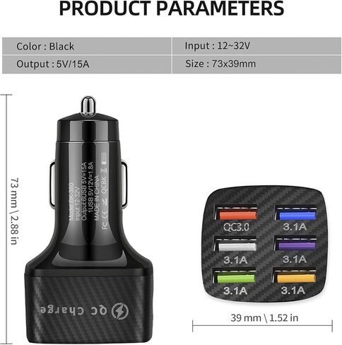 Amiss Car Charger Adapter, 6 USB Multi Port, Fast Charger, Include QC 3.0 and 5 Other Ports, Car Interior Accessories, Fit for iPhone 17/16/15/14/13Pro Max, Samsung, Android (Black 1pc) in Kuwait