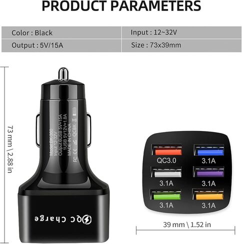 محول شاحن سيارة Amiss، 6 منافذ USB متعددة، شاحن سريع، يتضمن QC 3.0 و5 منافذ أخرى، ملحقات داخلية للسيارة، مناسب لهاتف iPhone 13/12/11/pro، Samsung Galaxy/Note S10/S9/S8، Android - أبيض in Kuwait