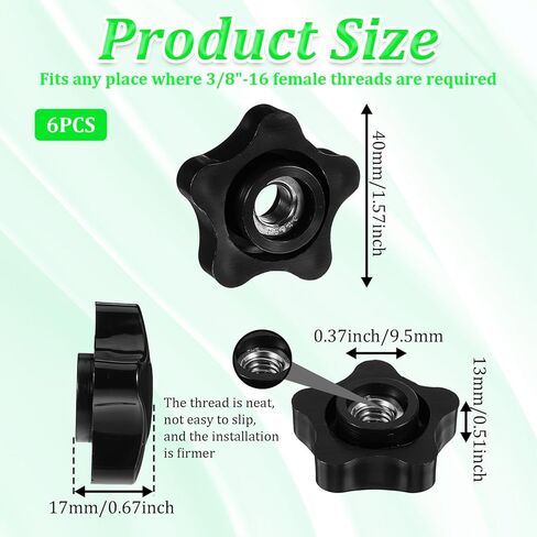 6pcs Star Nut Installation Tool,Durable Star Knobs, 3/8 Threaded Knob, for T Track Bolts, Jigs Knobs, Sawing Machine, Drilling Machine, Plastic Screw-On Type, Black in Saudi Arabia