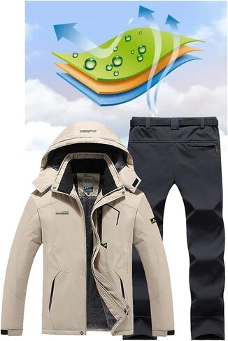 Mens Plus Size Ski Suits Set, Men's Winter Outdoor Sports Plush and Thicken Hooded Ski Suits Set with Belt in Saudi Arabia