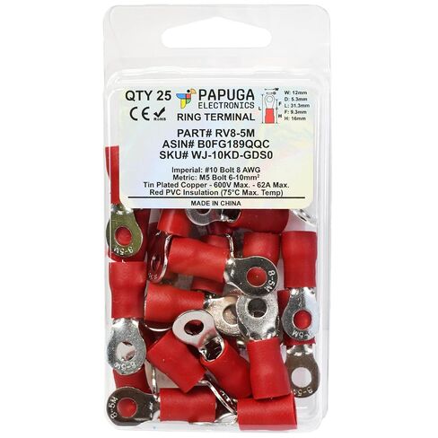 25pcs 8 AWG #10 M5 Ring Ring Crimp Connector 62A 600V CE للمحطات الكهربائية (25 ، #10) in Kuwait