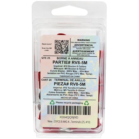 25pcs 8 AWG #10 M5 Ring Ring Crimp Connector 62A 600V CE للمحطات الكهربائية (25 ، #10) in Kuwait