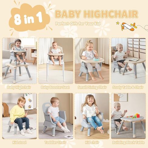 Kinder King 8 in 1 Baby High Chair, Coverts to Dining Booster Seat/Kids Table & Chair Set/Toddler Building Block Table/Kids Stool, Removable Tray & Double Seat Cover, Easy to Wipe, Pink in Saudi Arabia