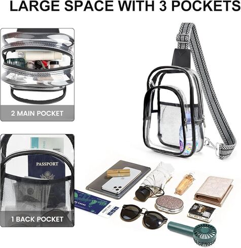 3 جيوب حقيبة واضحة لأحداث الاستاد ، حقيبة رياضية كبيرة من Crossbody الشفافة ، فاني حزمة المحفظة للنساء الرجال in Kuwait