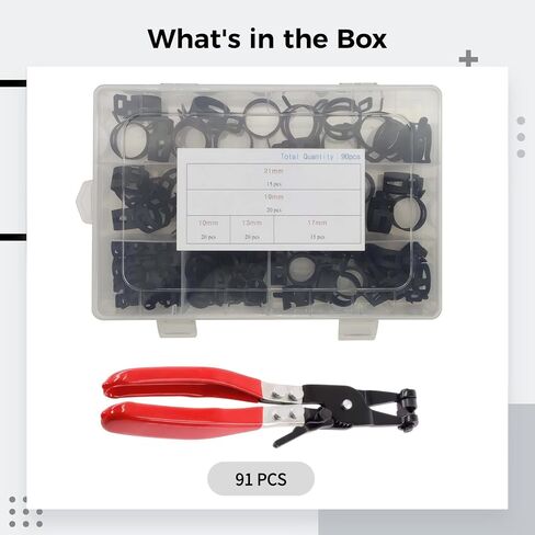 90-Piece Black Spring Hose Clamps Set, 10-21 Mm Adjustable, Includes Pliers & Transparent Storage Box in Saudi Arabia