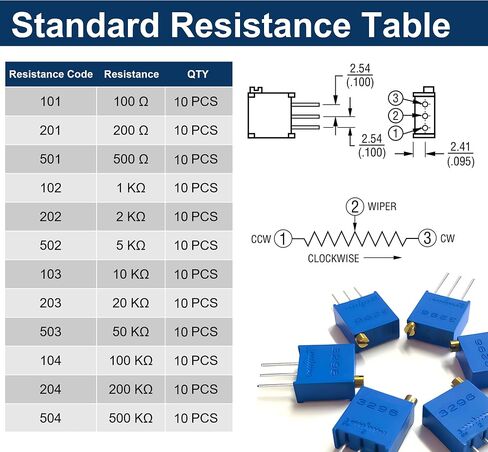3296W Multiturn Trimmer Potentiometer Kit ، 12 قيمًا من 100Ω إلى 500KΩ (60pcs) - مثالية لضبط الدائرة الدقيقة ، وإصلاح ثنائي الفينيل متعدد الكلور ، ومشاريع إلكترونيات DIY in Kuwait