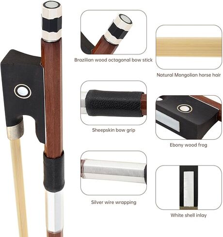 Brazilwood Ebony Frog Violin Bow, Professional 4/4 Full Size Ebony Wood Frog Violin Arbor with Case and Maple Bridge,Well Balance Fiddle Bow with Sheepskin Bow Grip White Horse Hair for Student Adult in Saudi Arabia