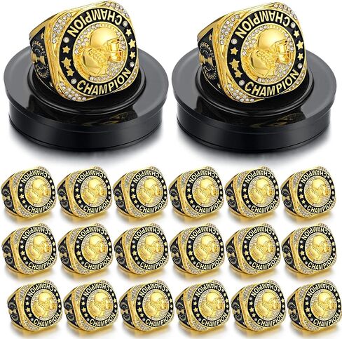 Highergo 20 Pcs Football Basketball Softball Championship Rings with Display Neck Chain and Stand Baseball Volleyball Soccer Cheer Trophy Rings Bulk for Tournament Award Gift in Saudi Arabia