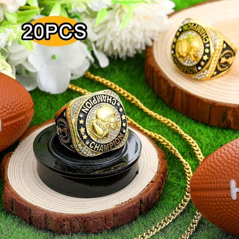Highergo 20 Pcs Football Basketball Softball Championship Rings with Display Neck Chain and Stand Baseball Volleyball Soccer Cheer Trophy Rings Bulk for Tournament Award Gift in Saudi Arabia