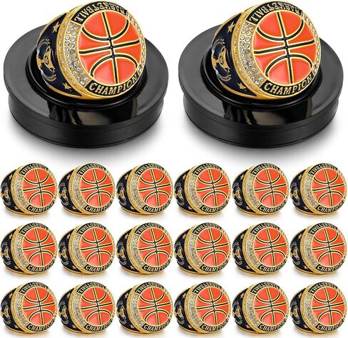 Highergo 20 Pcs Football Basketball Softball Championship Rings with Display Neck Chain and Stand Baseball Volleyball Soccer Cheer Trophy Rings Bulk for Tournament Award Gift in Saudi Arabia