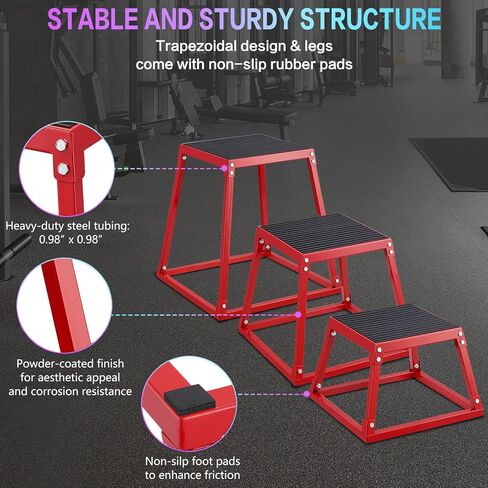 DIKEP Pro-Grade Plyometric Jump Box Gym Fitness Exercise Set, Steel Anti-Slip Step Up Box, 3-Pack(12/18/24 Inch) Plyo Box Jumps for Home Gym Jumping, Squat, Strength Training in Kuwait