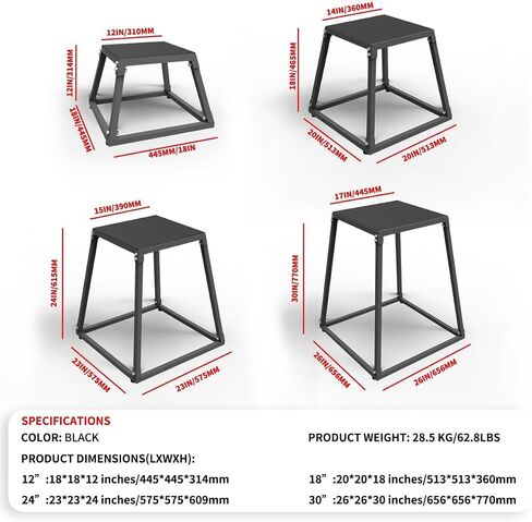 صندوق القفزة المعدنية plyometric ، منصة plyometric الصلب وصندوق القفز مع الجزء العلوي المضاد للانزلاق - 12/18/24/30 بوصة للتدريب على الصالة الرياضية (أسود/أحمر) in Kuwait