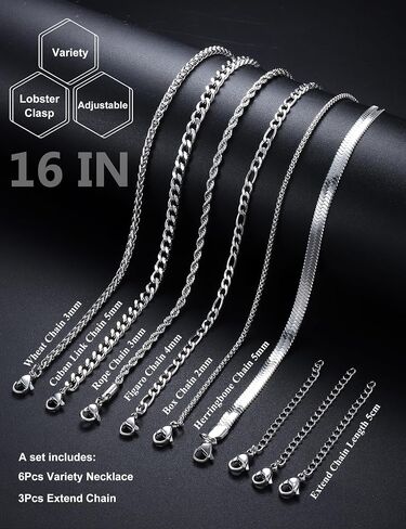 قلادة سلسلة فضي لولياس للرجال - 6pcs الصلب غير القابل للصدأ رابط/حبل/مربع/فيجارو/هرنجبون/سلسلة قلادة مكدسة من سلسلة القمح 16/18/20/22/24 بوصة in Saudi Arabia