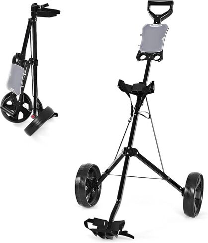 GYMAX Golf Cart, 2 Wheel Golf Push Cart with 9.5" Wear-Resistant Rubber Wheels, Elastic Strap & Scoreboard, Folding Lightweight Portable Golf Caddy Cart for Teens Adults in Saudi Arabia