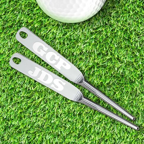 Custom Text Engraved Golf Divot Tool - Personalized Text Name Initials Stainless Steel Silver Golfing Single Prong Fork Tools - Customizable Laser Etched in Saudi Arabia