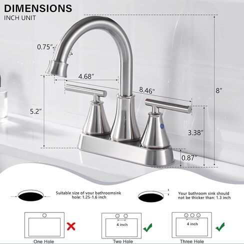 Bathroom Sink Faucet 4 Inch 2 Handle Centerset Brushed Nickel Lead-Free Modern Bathroom Faucet Vanity Faucet with Pop-up Drain Stopper and Supply Hoses in Kuwait