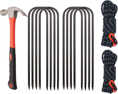 8 Pack 12 Inch Trampoline Stakes Set - Trampoline Anchors with Hammer and 2 Windproof Rope, Tent Wind Stakes - Galvanized Steel Anchors for Swing, Camping Tents, Soccer Goals, Black in Saudi Arabia