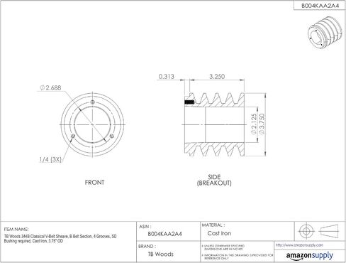 344B Classical V-Belt Sheave, B Belt Section, 4 Grooves, SD Bushing required, Cast Iron, 3.75" OD in Saudi Arabia