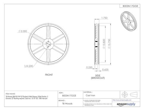 2BK65 FHP QT Bushed V-Belt Sheave, B Belt Section, 2 Grooves, QT Bushing required, Cast Iron, 6.25" OD, 4000 max rpm in Saudi Arabia